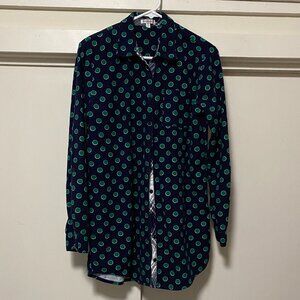 Insomniax long sleeve, navy flannel shirt w/green polka dots, size M